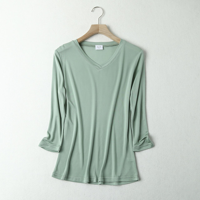 Silk 7-quarter sleeve T-shirt for women with versatile solid color mulberry silk knitted tops with slim V-neck base shirts with multiple colors