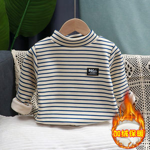 
Children's bottoming shirts for boys and girls, autumn and winter striped T-shirts, high collar inner tops, velvet long-sleeved baby clothes