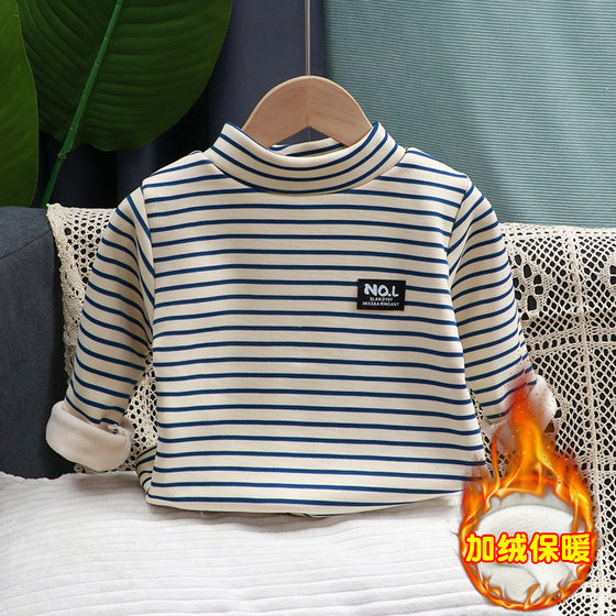 
Children's bottoming shirts for boys and girls, autumn and winter striped T-shirts, high collar inner tops, velvet long-sleeved baby clothes