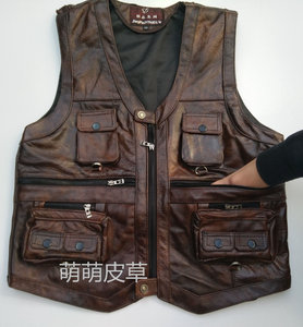 
Genuine leather vest for men, middle-aged and elderly, first layer of cowhide leather, spring, autumn and winter leisure outdoor mountaineering vest reporter knives