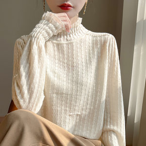 
2025 autumn and winter new style textured lace half turtleneck bottoming shirt with feminine temperament and western style beaded knitted sweater inner layer