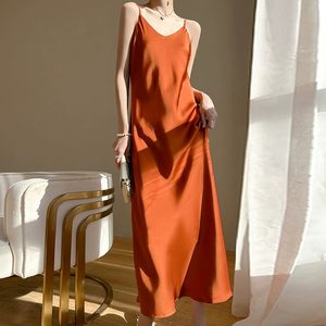 Real silk suspender vest dress Women's acetate satin in summer V -neck with high waist long skirt bottoming out of A -line skirt