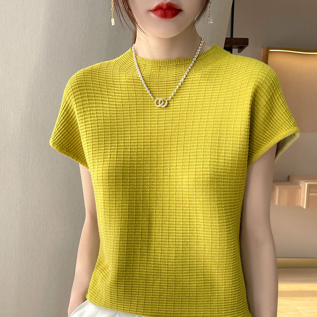 Half turtleneck knitted short-sleeved t-shirt for women in summer thin ...