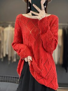 Hollow sweater female design inductive diamond laziness, thin style, cotton long -sleeved T -shirt thin sweater cover, top