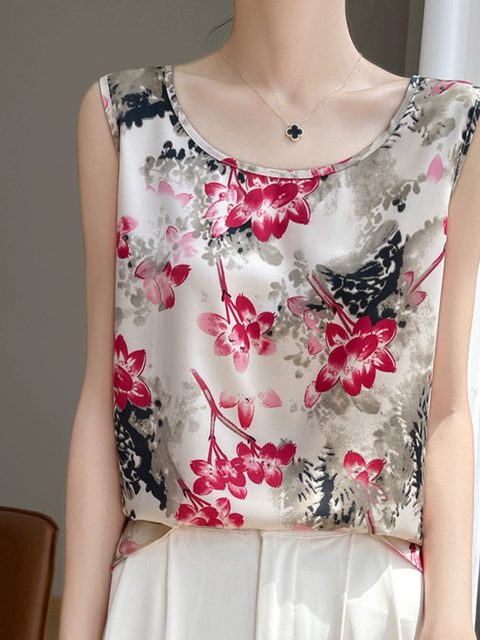 Summer mulberry silk screen printed outside with wide shoulder strap vest Jurgen Silk acetate satin suit sexy base
