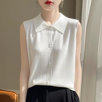 Layered shirt collar sleeveless wool vest for women
