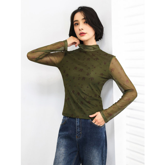 KAKA European customer single half high neck long sleeve floral versatile mesh high elastic slim base shirt skin clothes women's special