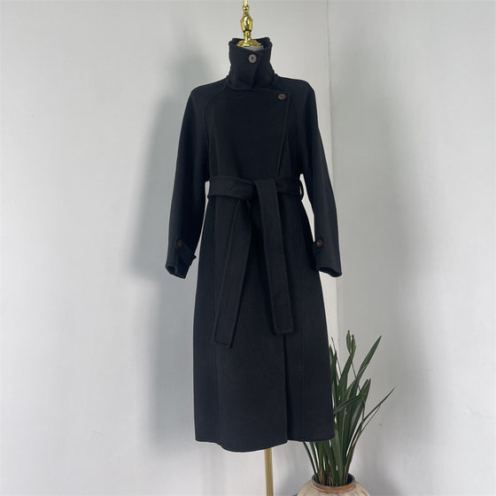 
Autumn and winter Hepburn style black stand-up collar wool cashmere double-sided mid-length coat