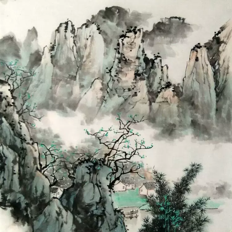 手绘无款山水仿白雪石国画四尺斗方画心未裱现代客厅书房江南画廊-Taobao