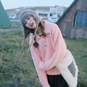 Huaji B814 Guava pink lapel knitted sweater for women 2026 new autumn and winter loose college style pullover top