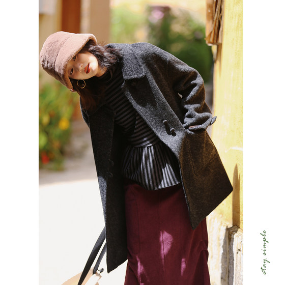 
Huaji C073 dark gray one-hand length double-sided woolen coat for women 2025 new autumn and winter mid-length loose coat