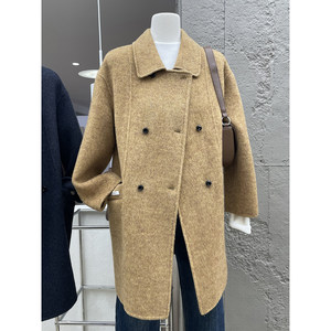 
High-end and temperament lapel double-breasted wool coat for autumn and winter, Korean style atmosphere, loose mid-length coat