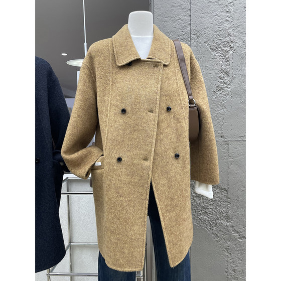 
High-end and temperament lapel double-breasted wool coat for autumn and winter, Korean style atmosphere, loose mid-length coat