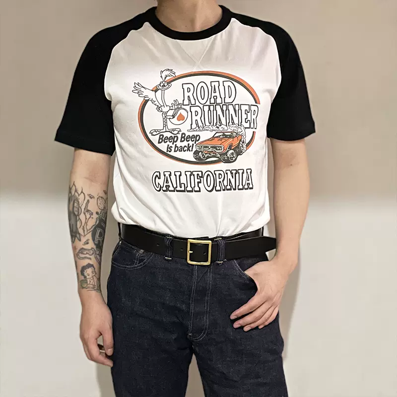 美式復古70's 嗶嗶鳥加州越野撞色牛角插肩袖男女情侶咔嘰T恤