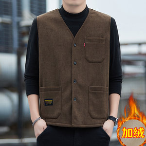 
New autumn and winter men's velvet thickened warm vest men's casual pocket workwear waistcoat sleeveless vest jacket
