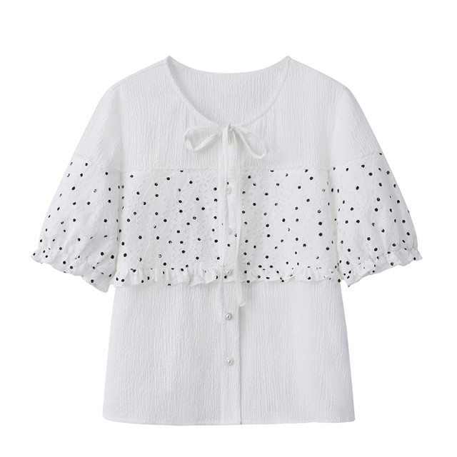 Wide-tied black ears lace polka dot splicing short-sleeved shirt shirt for women 2025 spring and summer new white top