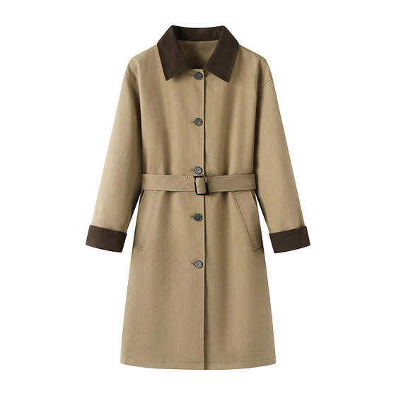 
Retro British style long windbreaker with sleeves for women 2025 autumn new Barn style contrasting color splicing lapel jacket