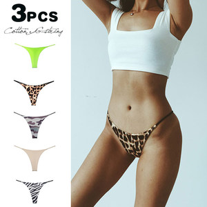 3-piece hourglass waist cotton breathable fitness exercise thong underwear with low waist, thin strap, high fork, and no trace leopard print t-shirt