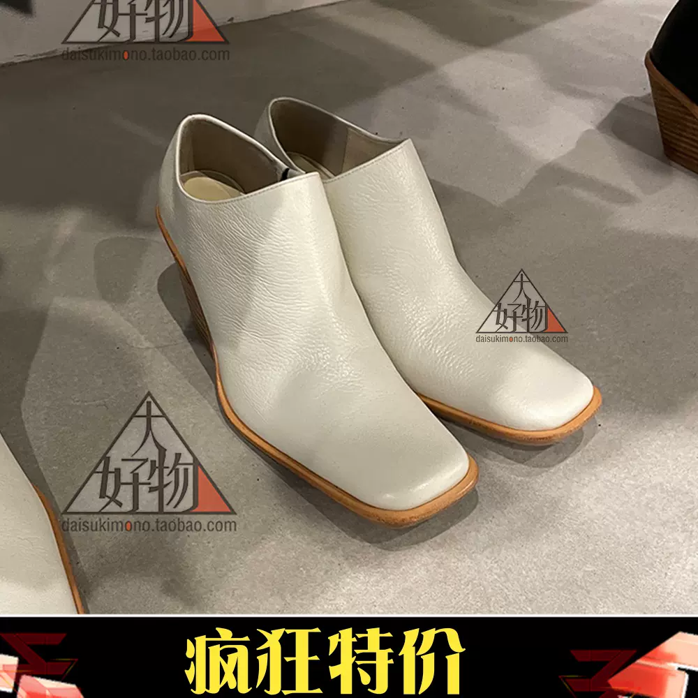 折扣日本代购untishold 小众品牌Naty -2 Spits牛皮粗跟短筒靴子-Taobao