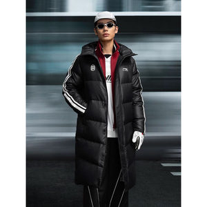 Li-Ning American Fan Style Hot Pot Series Water-Repellent Striped Print Thickened Hooded Long Duck Down Jacket