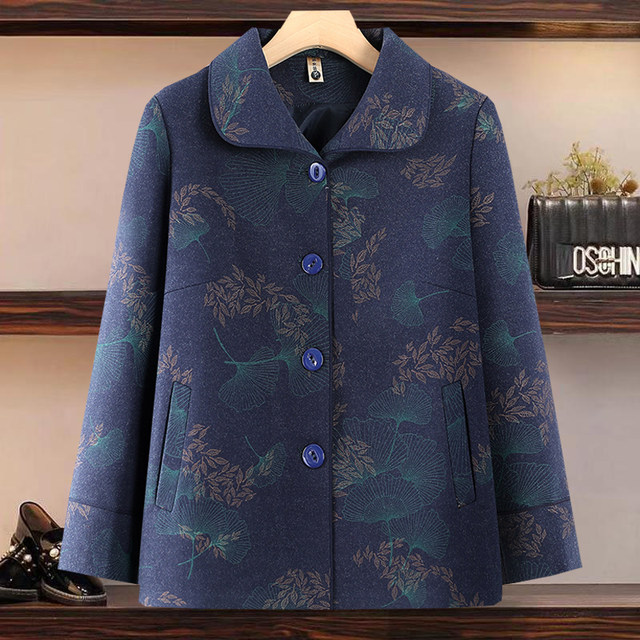 Autumn and winter large-size printed cardigan mid-length fashionable wool coat for the elderly 60-year-old grandma wearing a coat
