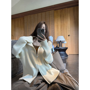 
superniniyy snow mud/cool double zipper small stand collar pit strip sweater cardigan jacket top for women autumn and winter