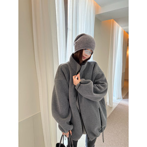 
superniniyy salt thickened double-sided polar fleece gray loose stand-up collar long-sleeved zipper sweatshirt jacket for women