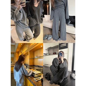 '拉毛套装'慵懒chao绝松弛感！含羊毛宽松毛衣针织长裤拉毛套装女