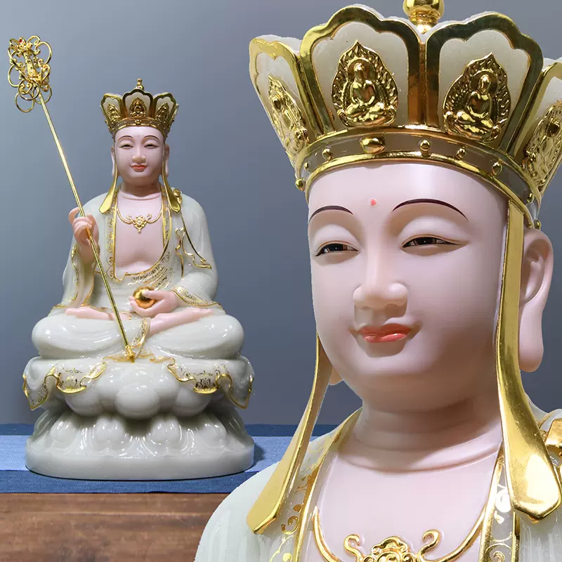 汉白玉地藏菩萨像石雕金镶玉地藏王菩萨娑婆三圣佛像摆件居家供奉-Taobao
