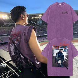 Nicholas Tse Washed Purple Poster T-Shirt, Same Style as the Concert, Vintage Retro Tour Fan Support Short-Sleeve Clothing, Trendy