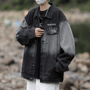 
Black gradient denim jacket men's spring and autumn American retro washing jacket trendy brand handsome casual top