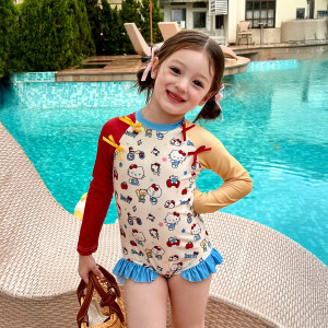 
Gardenia Growth Record Children's Clothing Girls Cartoon Contrasted Color Long Sleeve Sun Protection Swimsuit Children's Baby Ruffled One-piece Swimsuit