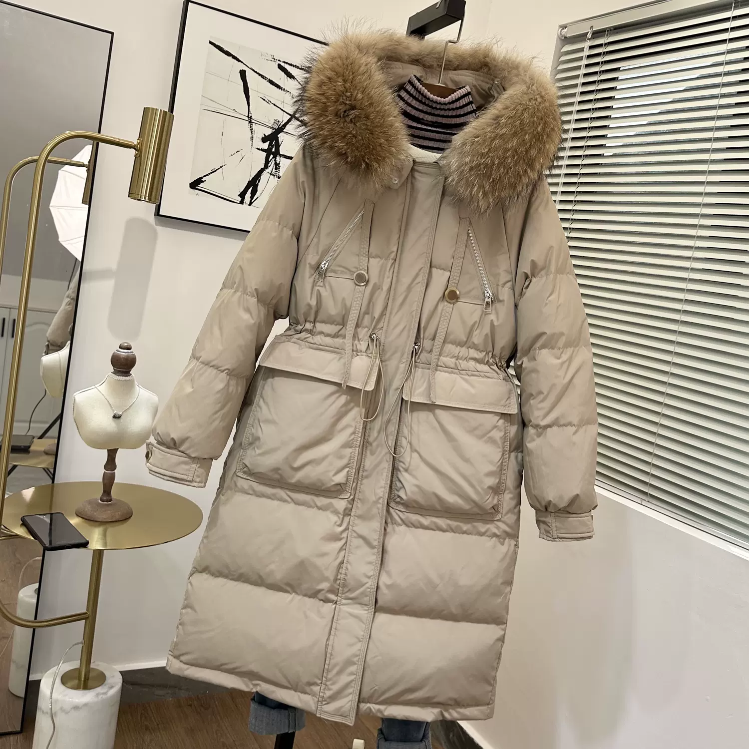 韩版高端大毛领羽绒服女中长款冬季新款宽松加厚过膝白鸭绒外套潮-Taobao