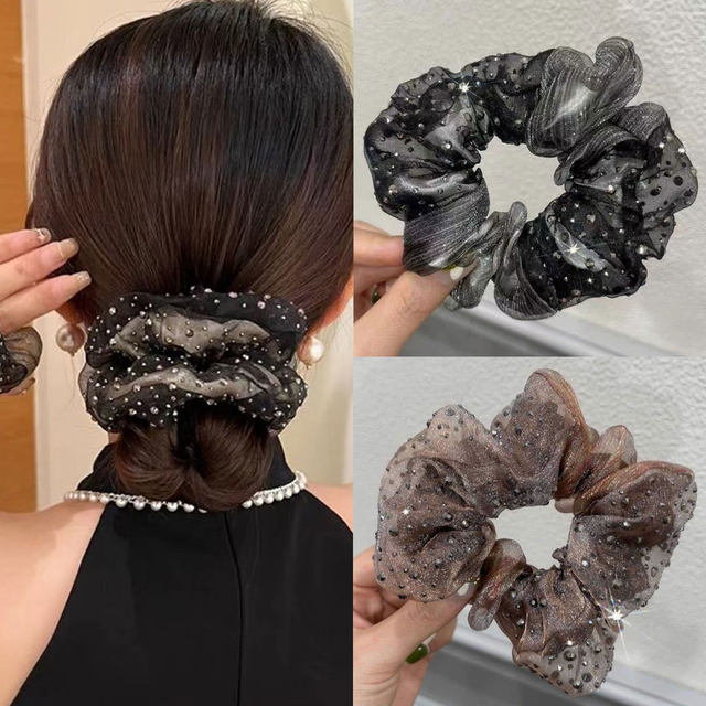 Organza starry large intestine hair ring, elegant and elegant, high-end hair rope, flash drill head rope, coiled hair, ball head flower hair accessory
