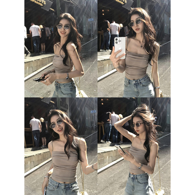 
MULVAN Pure Girl Square Collar with Chest Pad Sling Top Women's Design Slim Short Vest