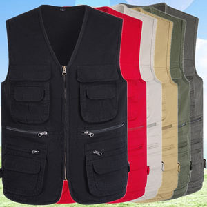 
Black cotton vest men's multi-pocket V zipper custom printed LOGO vest vest overalls for driving