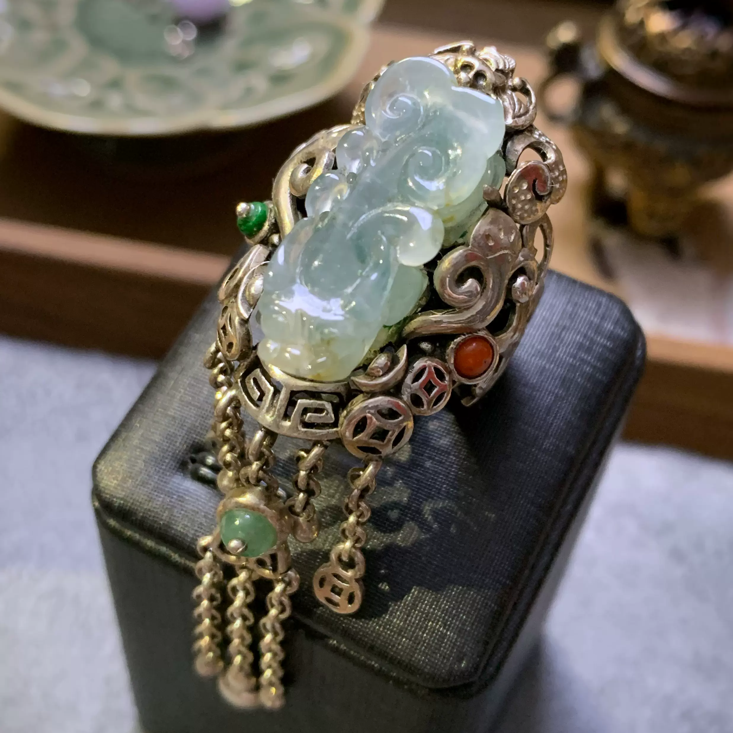 四姐妹国风民族风个性特色翡翠貔貅简约纯银925银流苏活口戒指