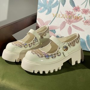 
Physical counters removed designer brand French thick-soled Mary Jane women's shoes one-line buckle shoes versatile to increase height 7254