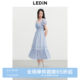 Lecheng Daisy Embroidered Long Dress Summer New Blue Striped Dress Simak Design Puff Sleeve Square Collar Dress
