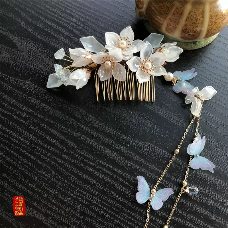 曇花一現 白曇花茶花簪花髮簪森系花朵流蘇步搖梳子蝴蝶