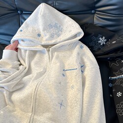 Pure Cotton Heavy Embroidery! Snowflake Embroidery Heavy Cardigan Sweatshirt for Women, Hooded Jacket for Spring, Autumn, and Winter with Fleece Lining