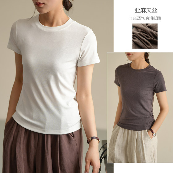 
Tencel linen women's short-sleeved T-shirt thin round neck solid color top Shandong online store summer style women's clothing