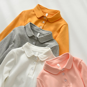 Children's pure cotton base shirt, boys and girls, POLO lapel full cotton long sleeve solid color T-shirt, medium and large children's spring and autumn style