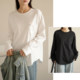 Washed cotton Curved women's base shirt Round neck pocket long sleeve loose pullover T-shirt 25 years spring wear New