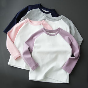 
Children's pure cotton long-sleeved T-shirt, cat pocket bottoming shirt, contrasting color raglan sleeves for boys and girls, new autumn clothing
