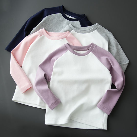 
Children's pure cotton long-sleeved T-shirt, cat pocket bottoming shirt, contrasting color raglan sleeves for boys and girls, new autumn clothing