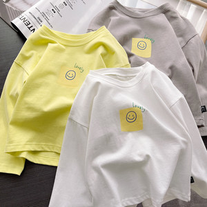 Children's pure cotton long sleeved T-shirt, solid color versatile, boys' and girls' smiling face base shirt, top, spring and autumn children's clothing