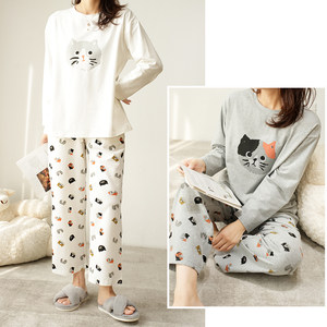 Single -filled ladies pure cotton home pajamas round neck long -sleeved long pants pajamas, spring and autumn, Shandong online shop women's clothing