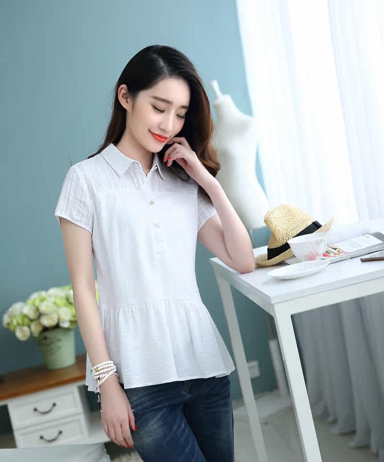纯棉白衬衫女短袖棉立方2015夏装新品韩版显瘦女装套头宽松女衬衣