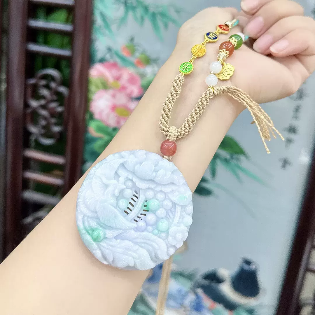 天然A貨翡翠冰糯種春彩吊墜鳳凰牡丹雕刻圓牌5cm翡翠鐲心牌
